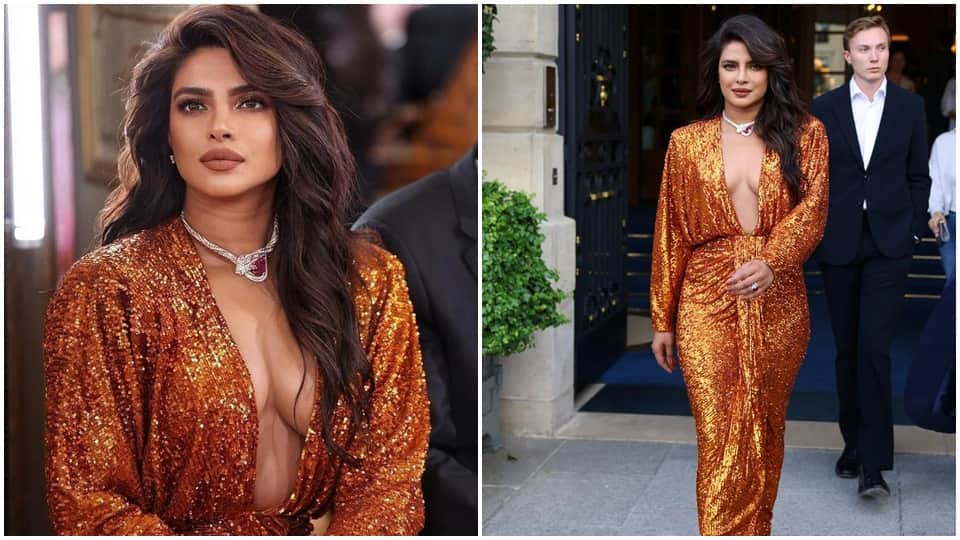 priyanka chopra shines in sequin front open dress in paris event