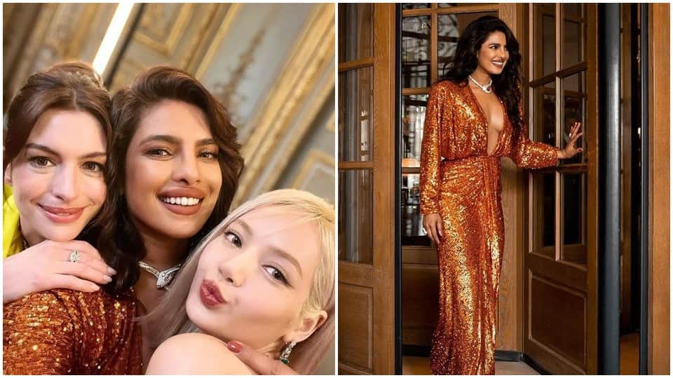 priyanka chopra shines in sequin front open dress in paris event