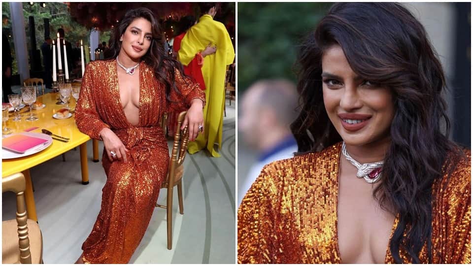 priyanka chopra shines in sequin front open dress in paris event
