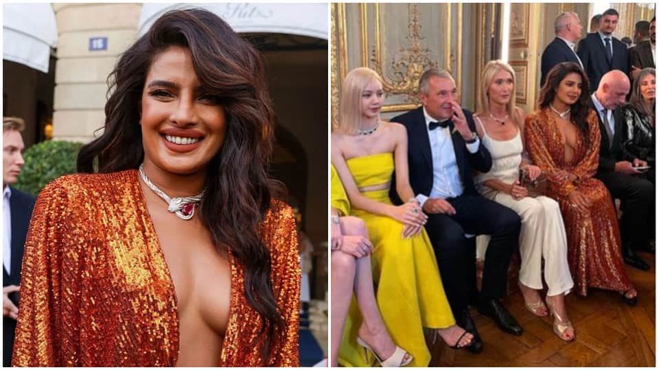 priyanka chopra shines in sequin front open dress in paris event