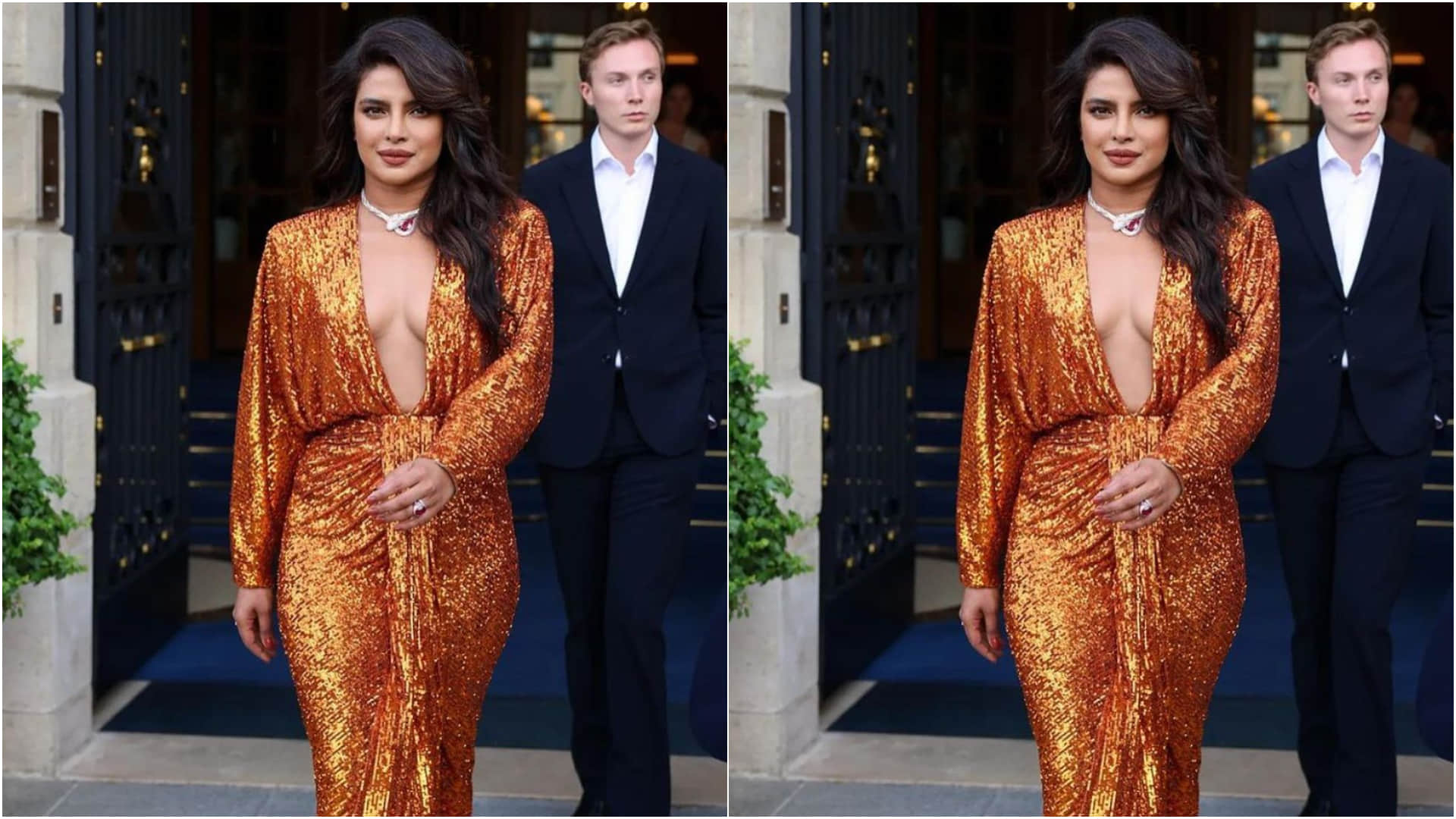 priyanka chopra sizzles in 1.9 lakh deep neckline shimmery orange dress