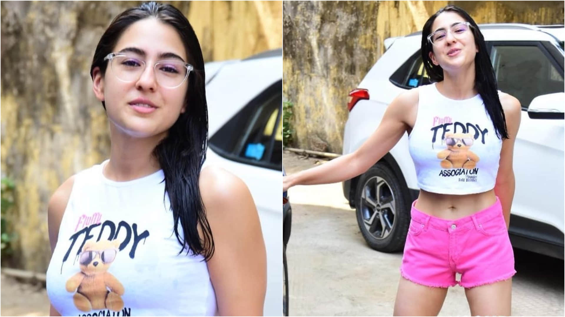 sara ali khan slays in pink shorts with crop top returning from pilates