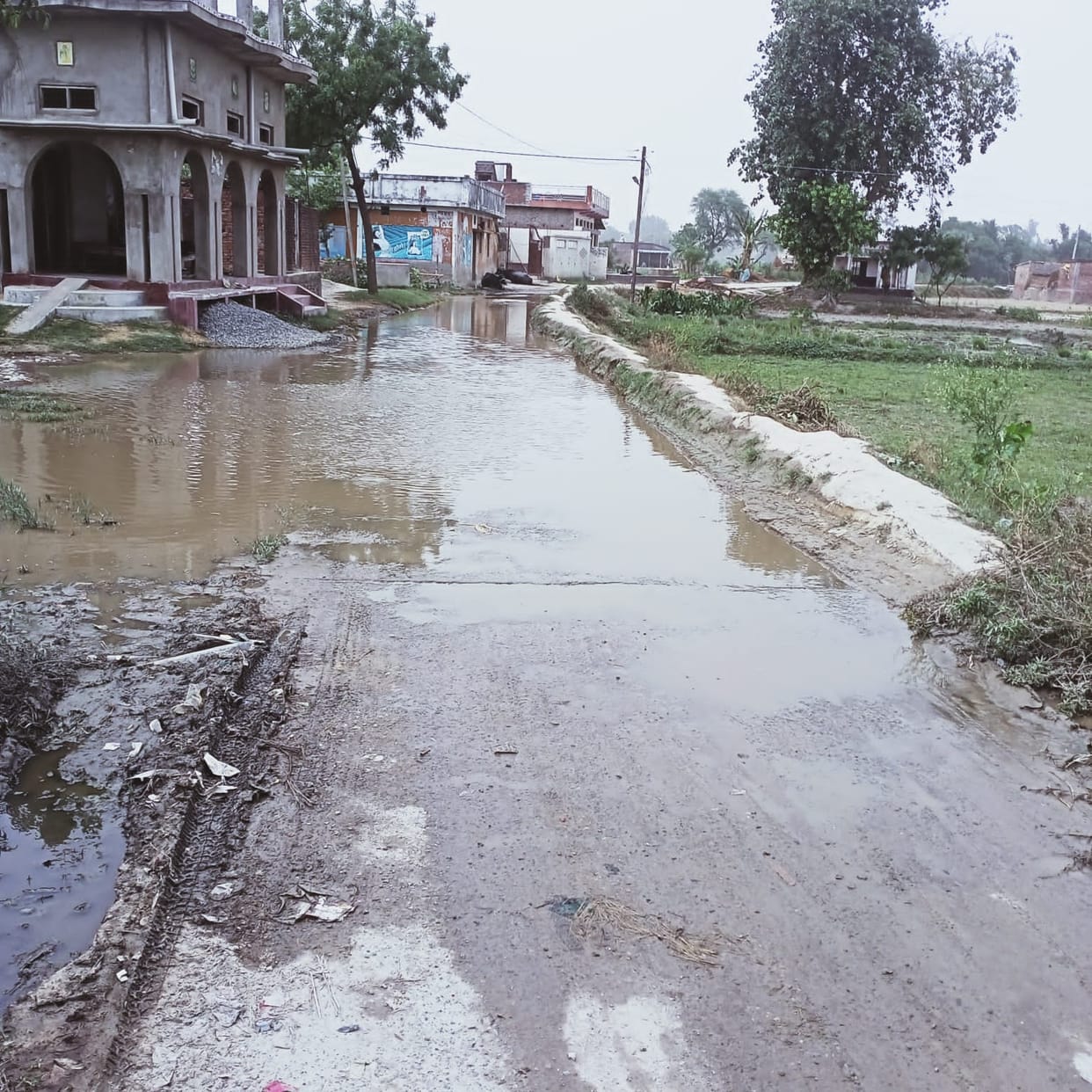 knee-deep dirty water on the road in lokipur