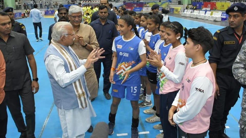 Haryana CM Manohar Lal meets players at Tau Devi Lal Sports Complex in Panchkula 