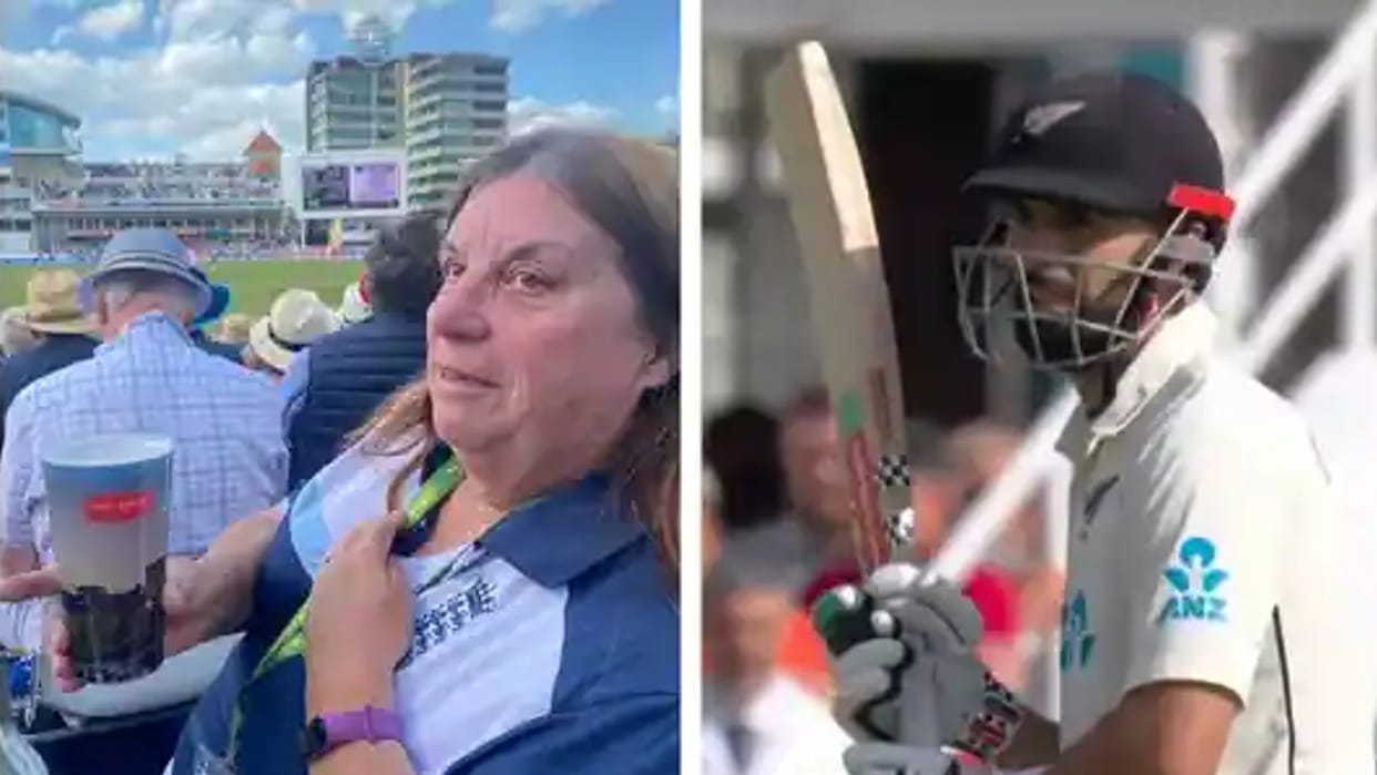 Daryl Mitchell six lands inside beer glass of a fan New Zealand team buys new Pint for her