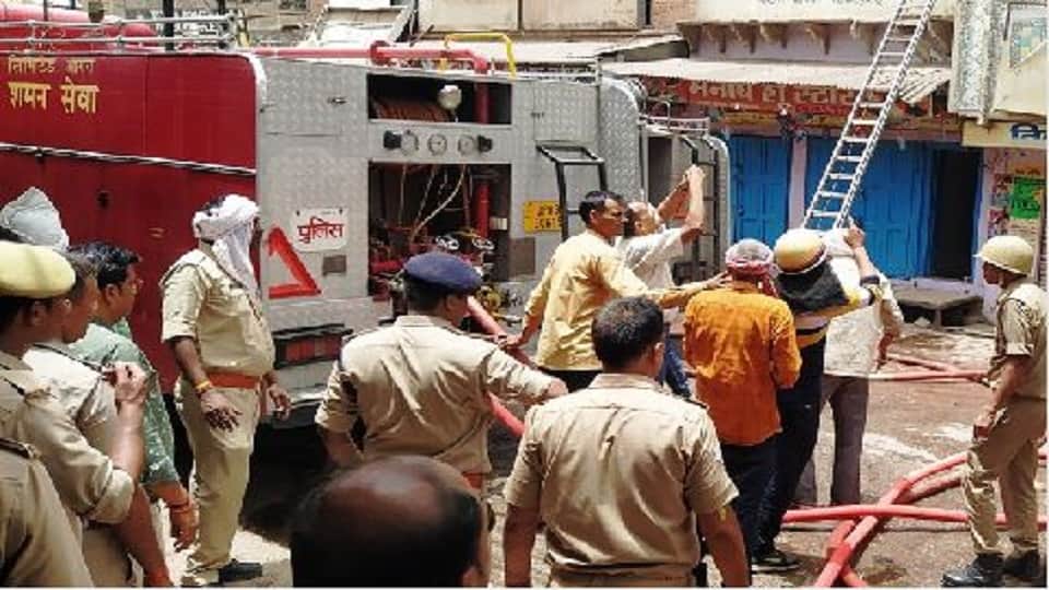 massive fire broke out in the five-storey house of a textile trader in Shikohabad