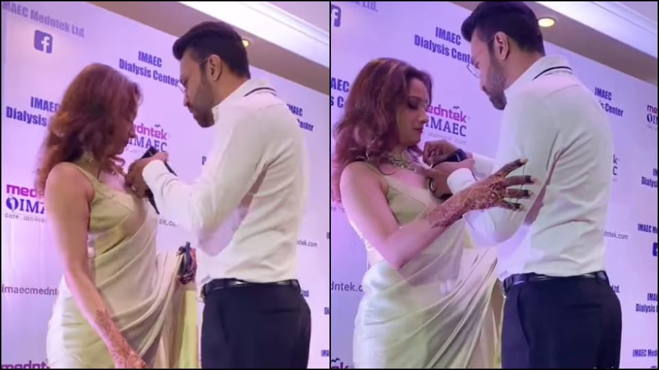 Vicky Jain adjusting Ankita Lokhande saree and blouse at the event video goes viral on social media