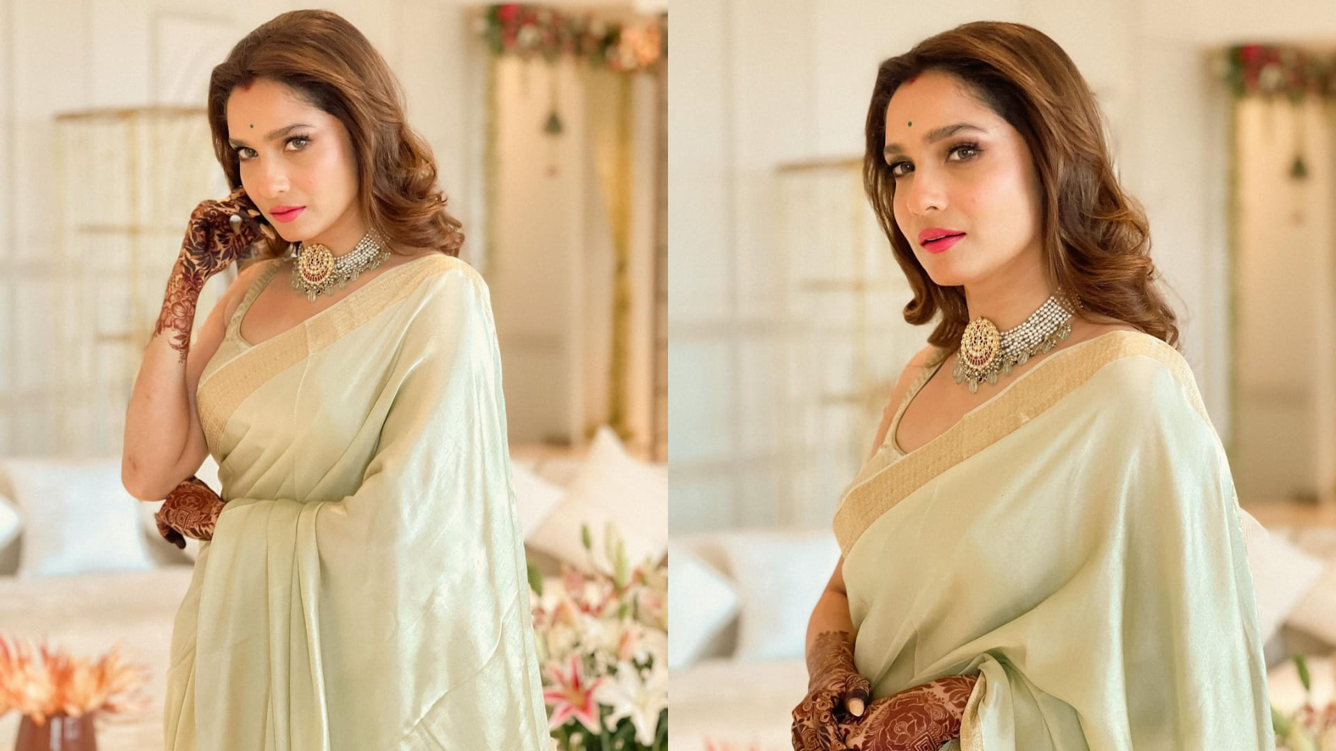 ankita lokhande ready in yellow saree for brother wedding looking like bride