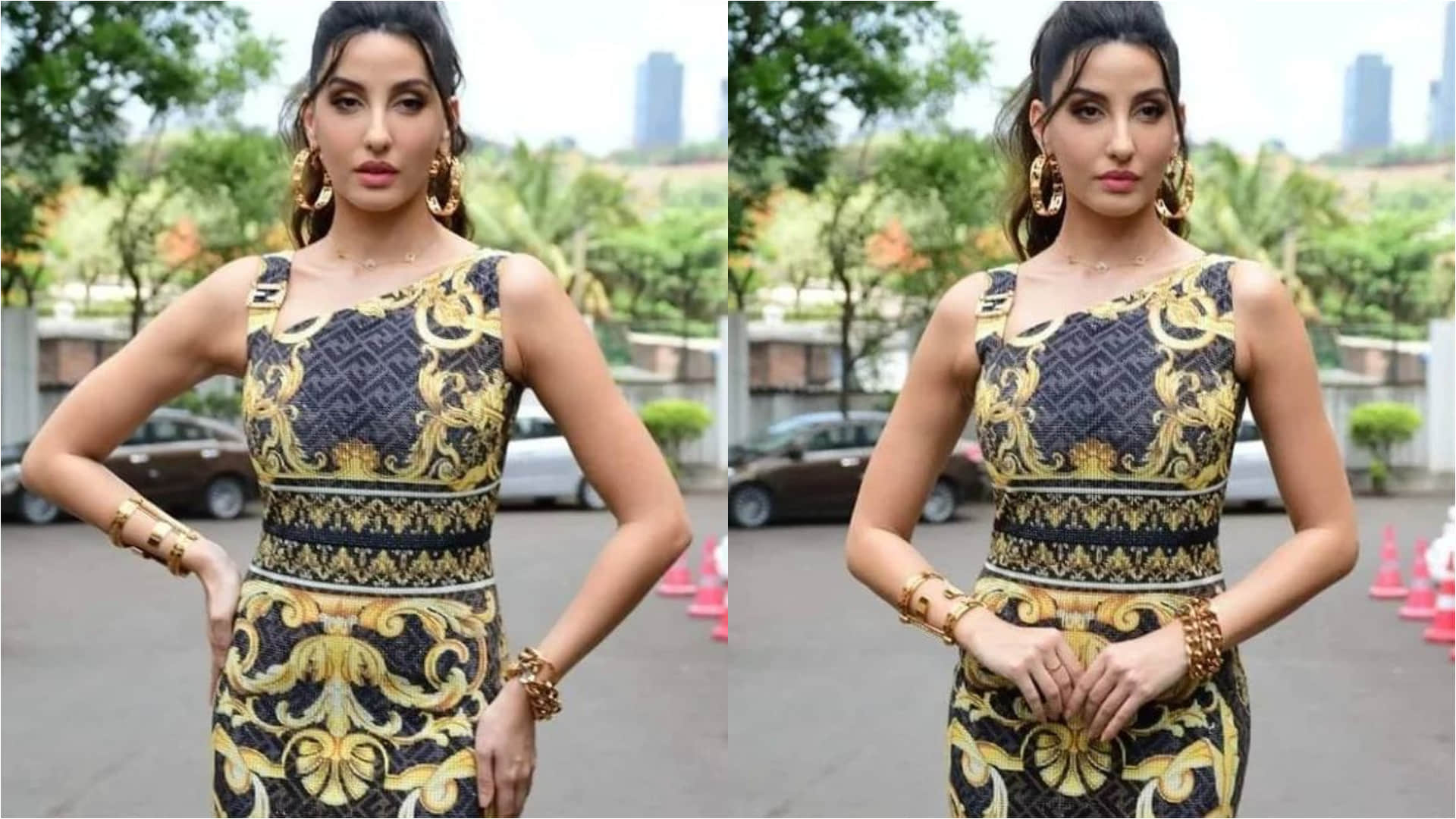 nora fatehi versace print dress flaunts curvy figure cost 14 lakh