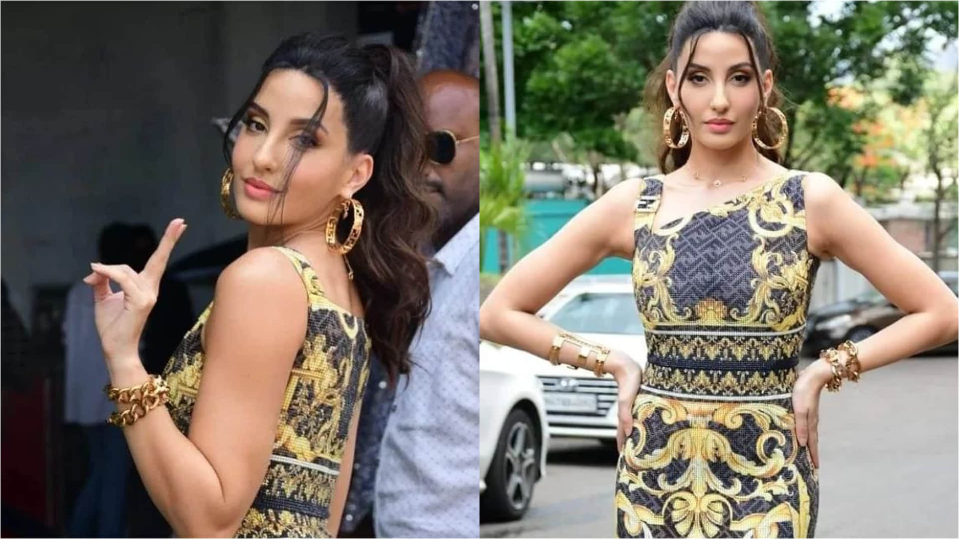 nora fatehi versace print dress flaunts curvy figure cost 14 lakh