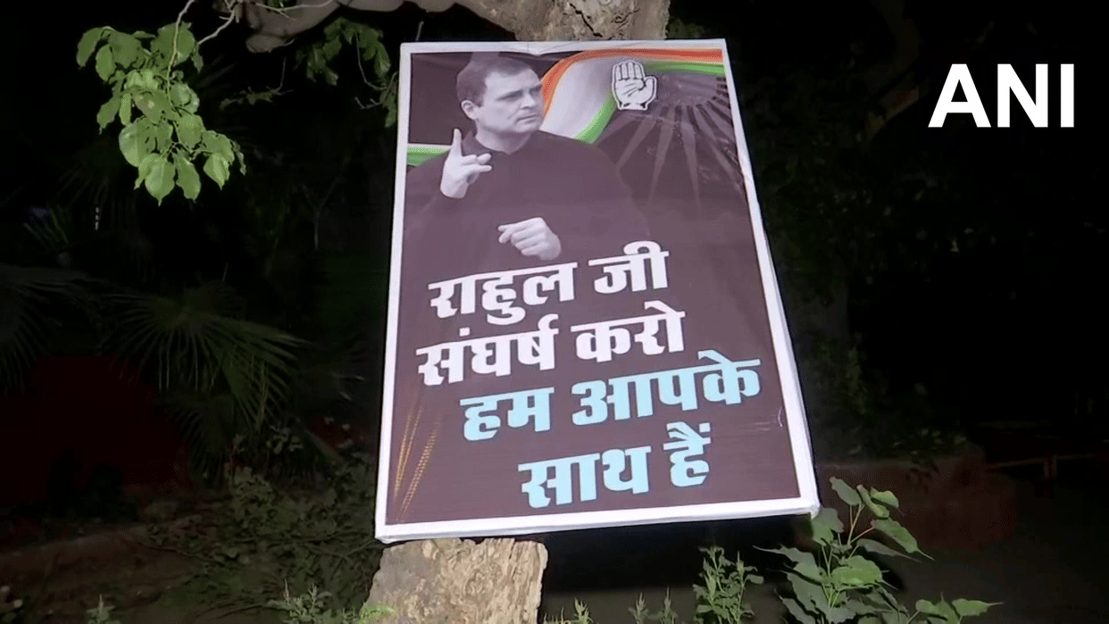 Posters in support of Rahul Gandhi outside his house