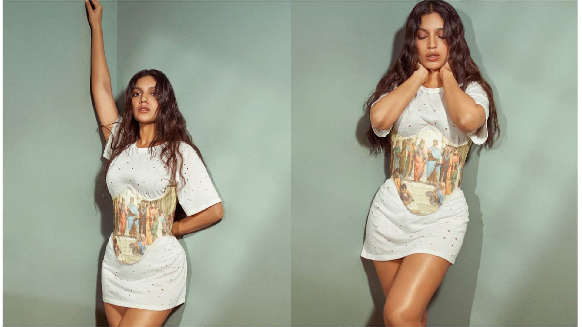 bhumi pednekar flaunts curve in white short dress with printed corset
