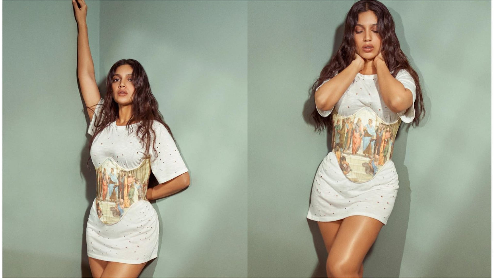 bhumi pednekar flaunts curve in white short dress with printed corset
