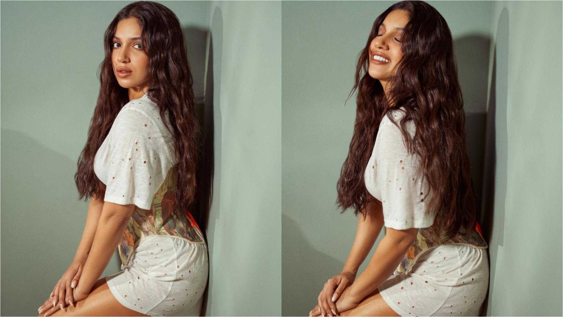 bhumi pednekar flaunts curve in white short dress with printed corset