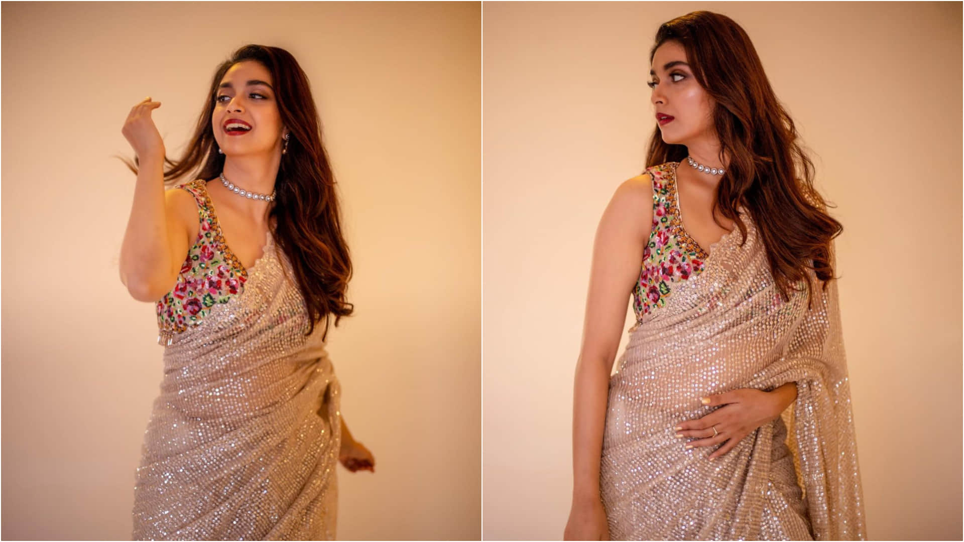 keerthy suresh blingi saree and floral blouse for friend's wedding
