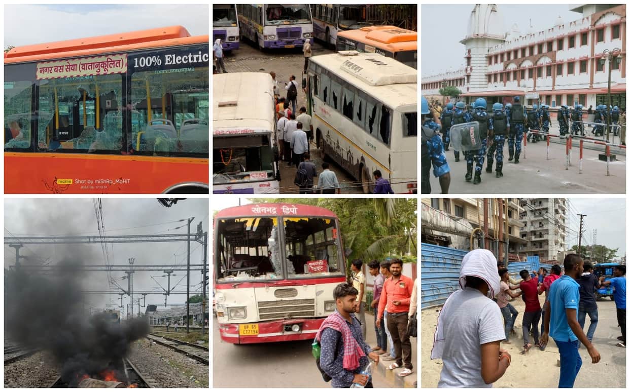 Agneepath Scheme Protest in varanasi see Photos of ruckus in Banaras many vehicles vandalized railway track set on fire