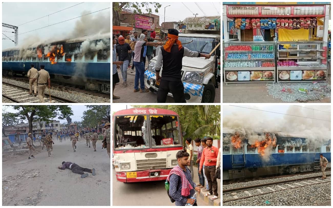 Agneepath Scheme Protest in Ballia Unseen pictures of ruckus train set on fire buses pelted with stones minister Daya shankar singh office