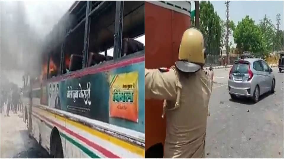 Agnipath Scheme Ruckus stone pelting and arson in Mathura CO Mahavan injured police fired and 35 arrested