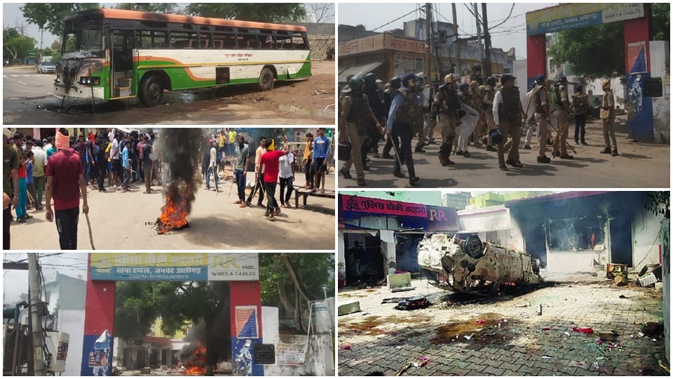 protest against agneepath scheme six buses and police posts burnt in aligarh protesters created chaos for hours in tappal and jattari
