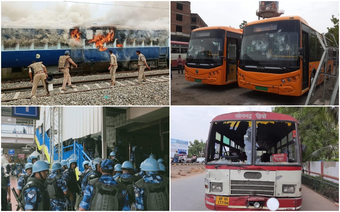 Agneepath Scheme Protest: Attack on Bihar Deputy CM House Fire in Train See Violence in Photos From UP to Bihar