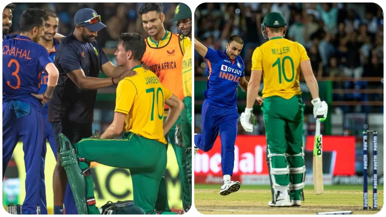 IND vs SA Photos Marco Jansen injured on Avesh Khan ball Harshal Patel Takes David Miller wickets Dinesh karthik and hardik pandya superhit