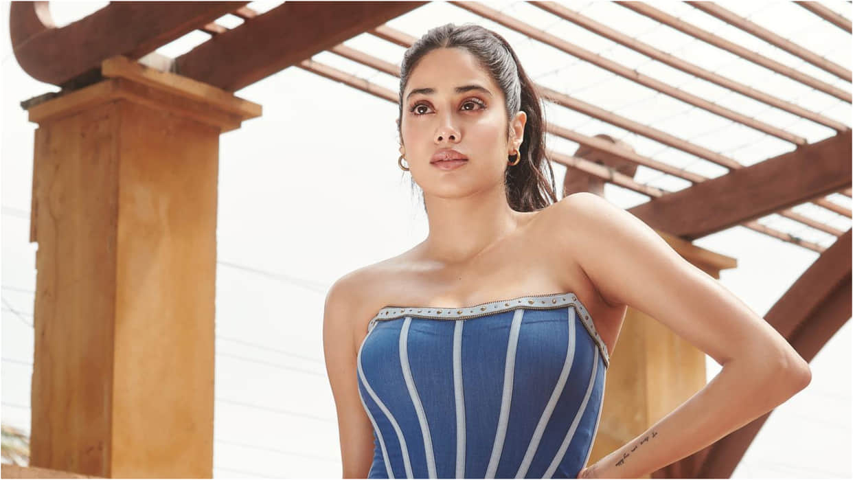 janhvi kapoor denim on denim look with strapless top and ripped jeans for new movie promotion