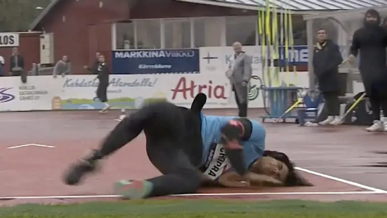 Neeraj Chopra Falls in third attempt in kuortane games luckily did not gets Injured
