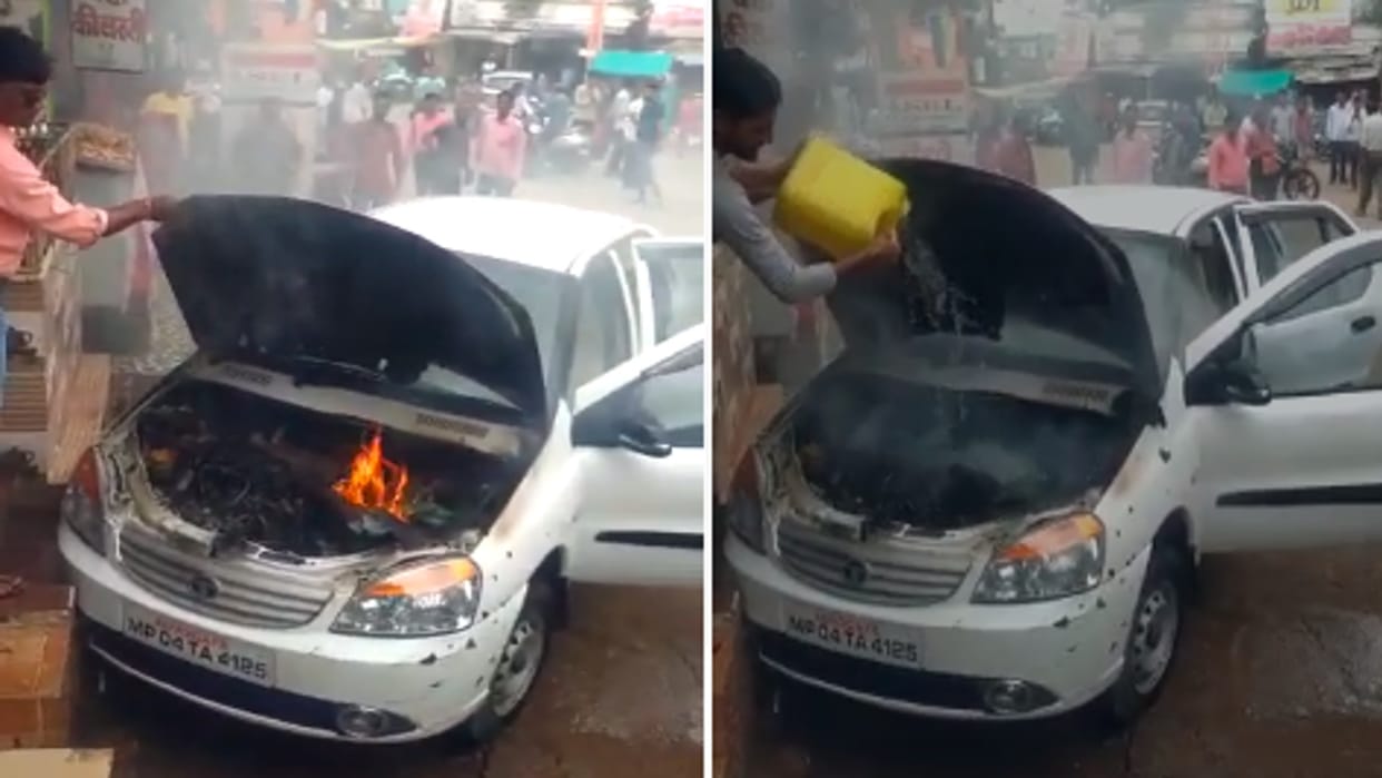 Chhindwara: A sudden fire broke out in a parked car, then collided with the hotel while rolling