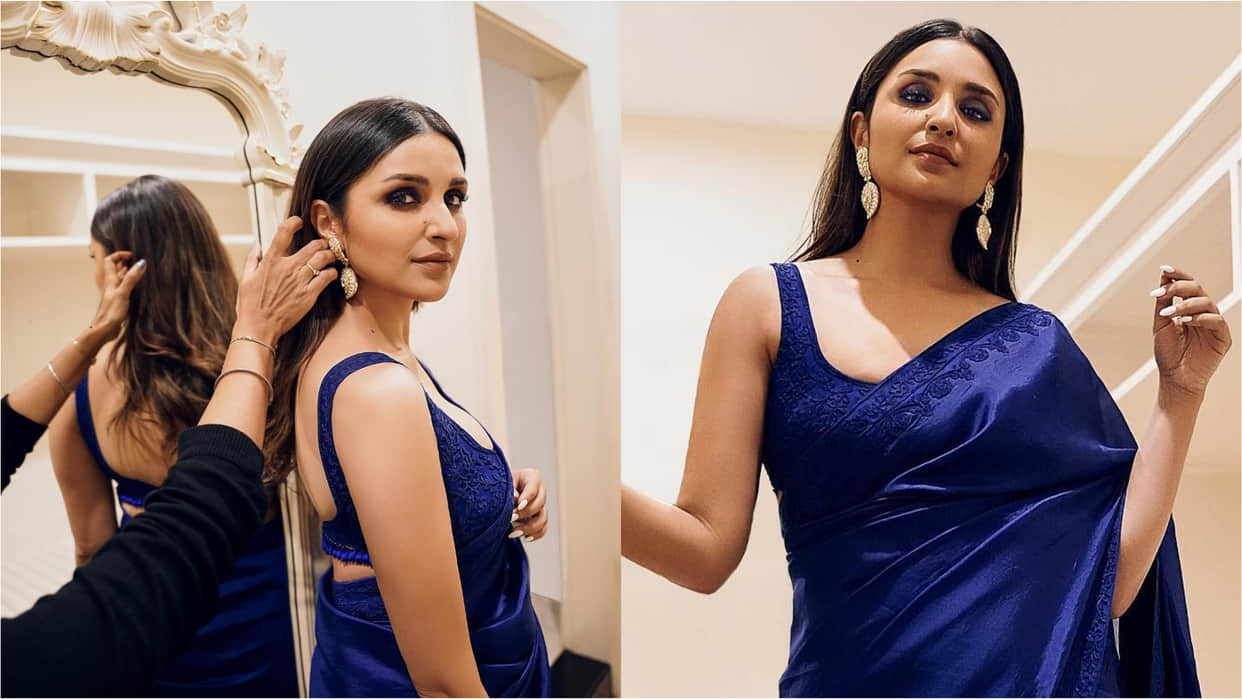 parineeti chopra look elegant royal in manish malhotra blue saree