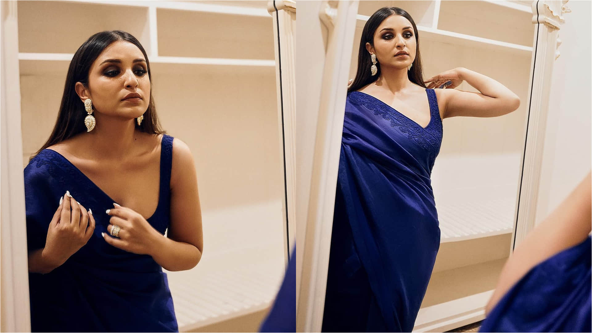 parineeti chopra look elegant royal in manish malhotra blue saree