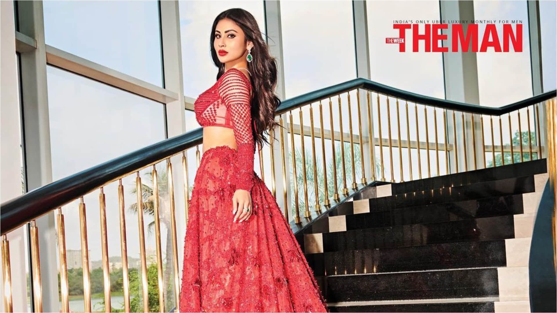 mouni roy glitter in black lehenga and full sleeve blouse with fur detailing for magazine photoshoot