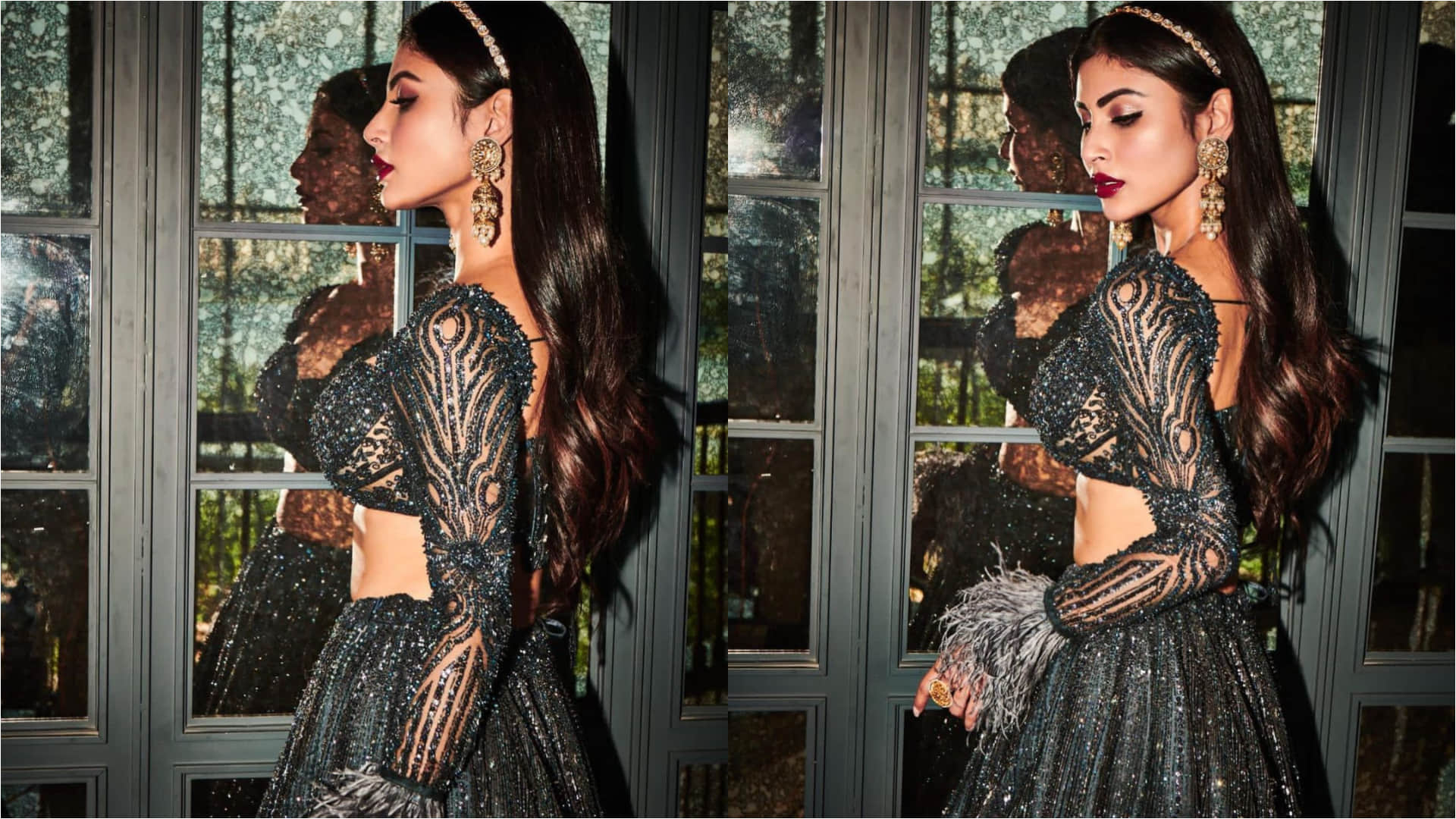 mouni roy glitter in black lehenga and full sleeve blouse with fur detailing for magazine photoshoot