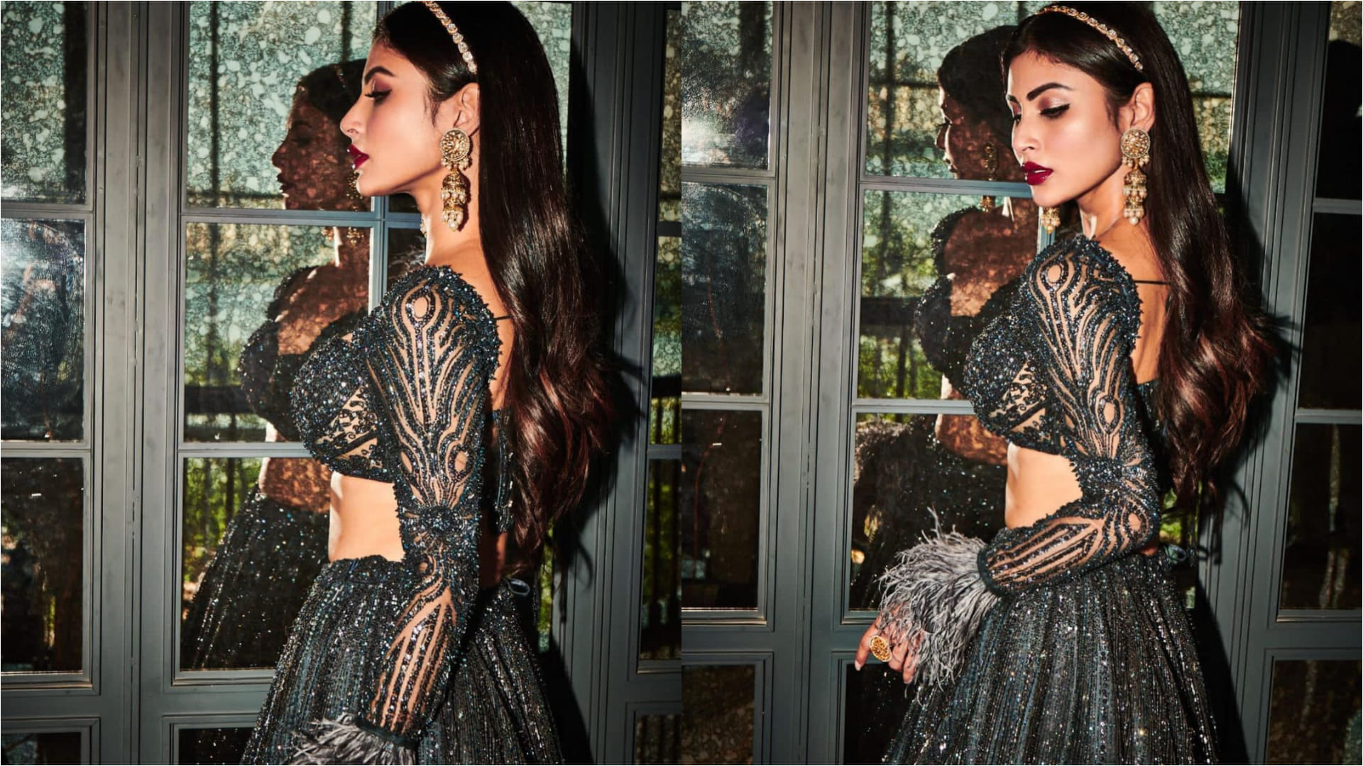 mouni roy glitter in black lehenga and full sleeve blouse with fur detailing for magazine photoshoot