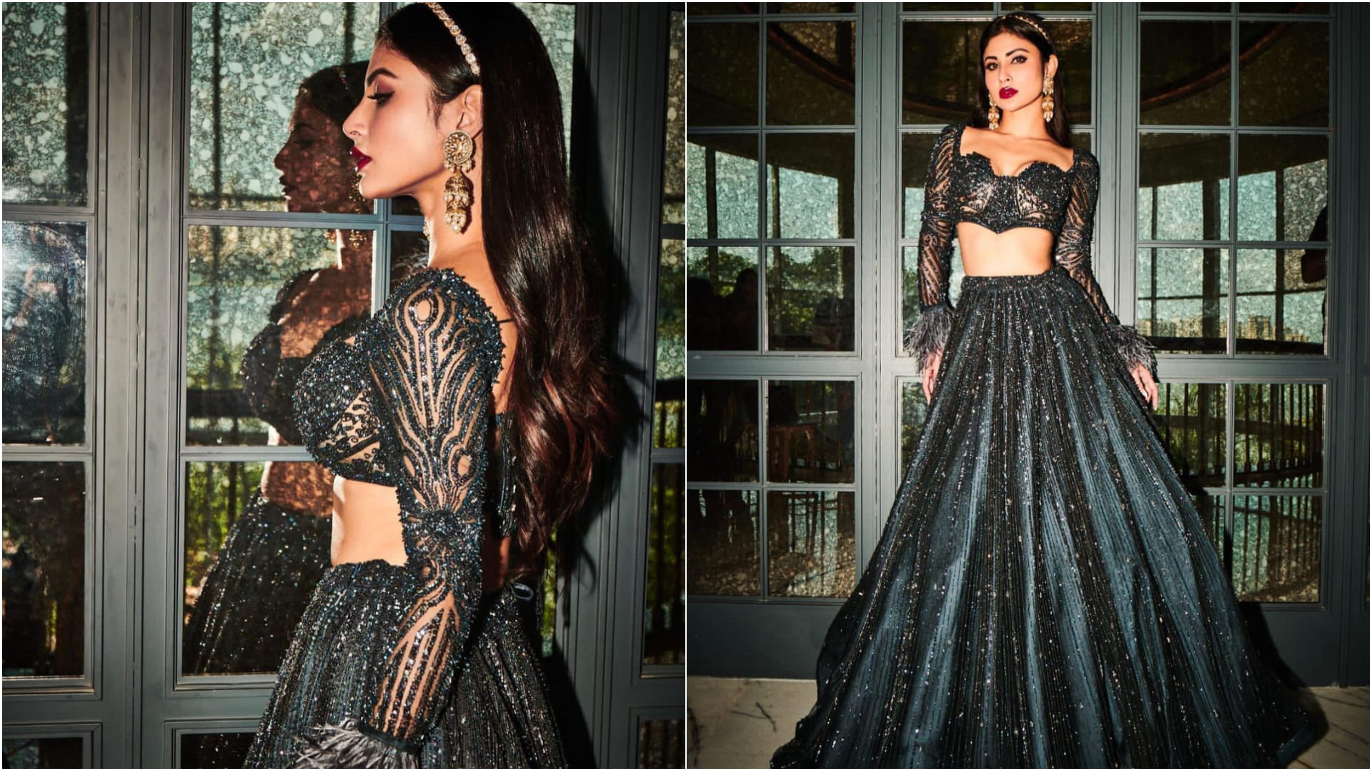 mouni roy glitter in black lehenga and full sleeve blouse with fur detailing for magazine photoshoot
