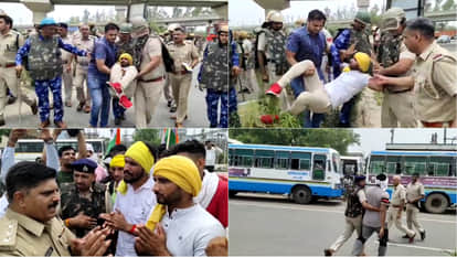 प्रदर्शनकारी युवा को उठाकर ले जाते पुलिसकर्मी। युवाओं को समझाते डीएसपी राहुल देव।