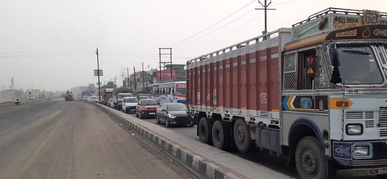 Traffic jam on the highway due to construction on overbridge