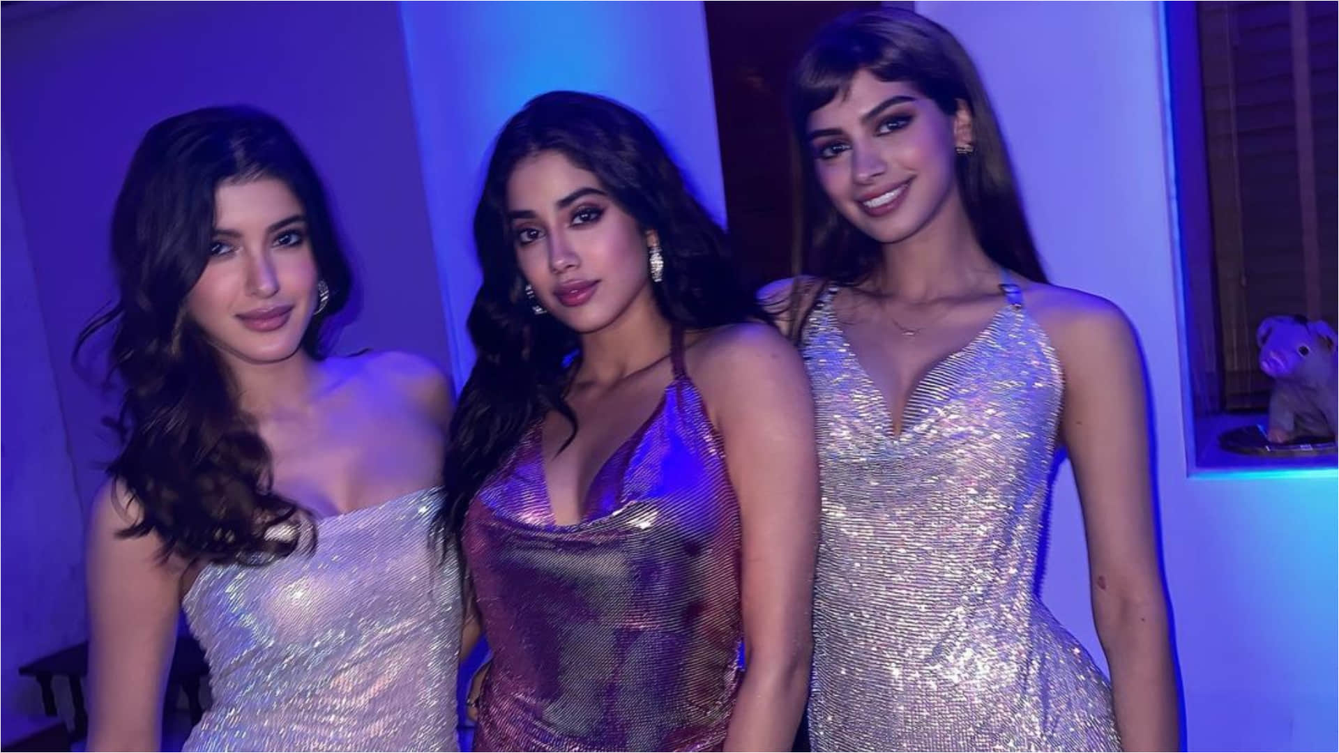 shimmery mini dress in one pic jhanvi khushi and shanaya kapoor glamorous look