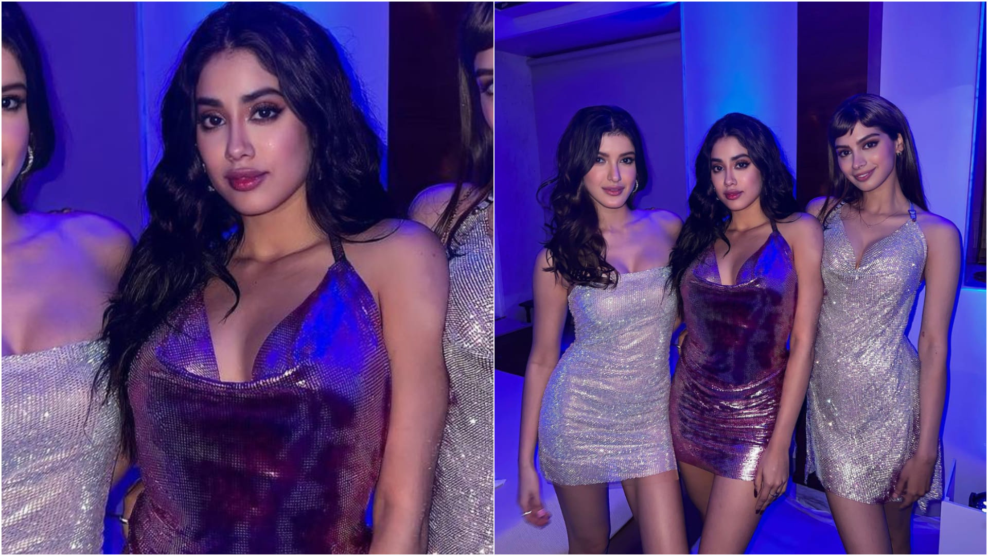 shimmery mini dress in one pic jhanvi khushi and shanaya kapoor glamorous look