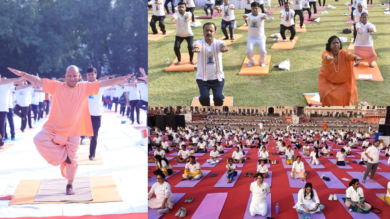 Yoga performed in parks and historical places in Uttar Pradesh.