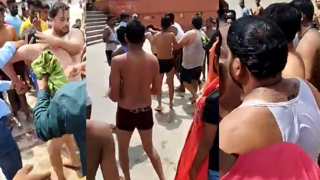 People beat a man while taking dip in Ram ki Padi with wife in Ayodhya.