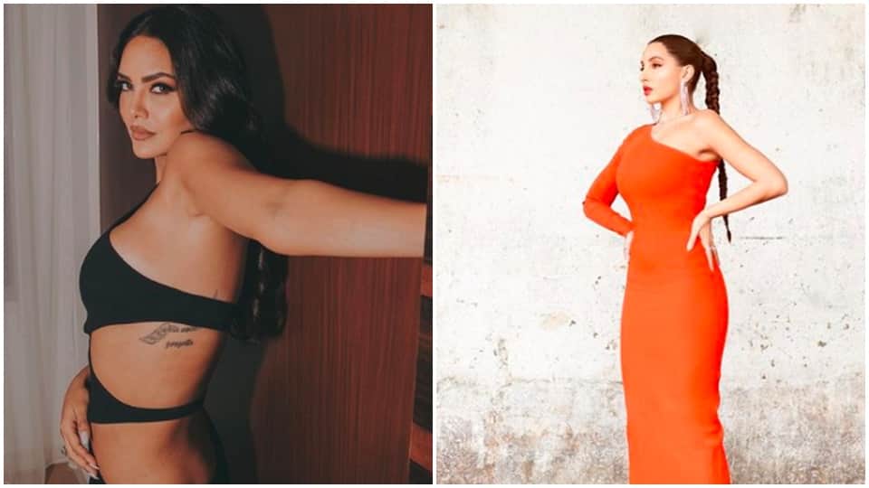 esha gupta in side slit black dress and nora fatehi hot look in orange bodycon dress today celebrity update in 10 pictures