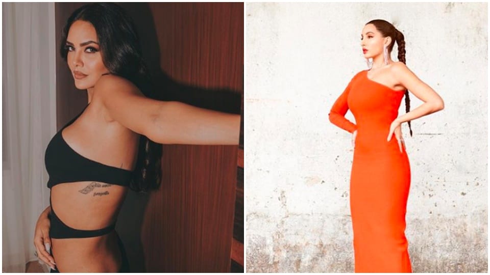 esha gupta in side slit black dress and nora fatehi hot look in orange bodycon dress today celebrity update in 10 pictures
