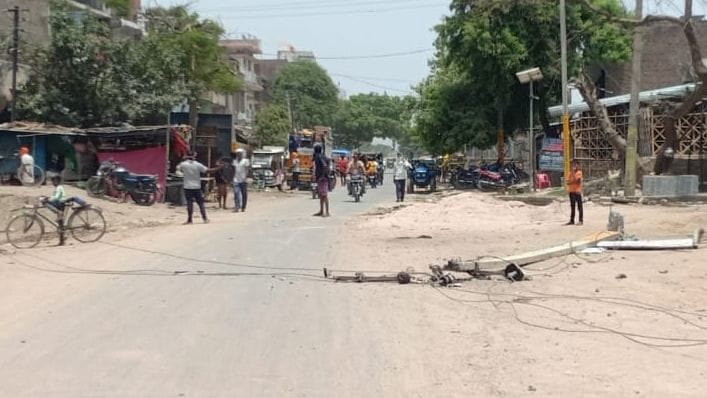 Two electric poles broken due to the collision of the dumper