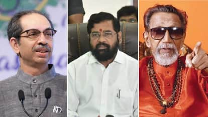 उद्धव ठाकरे, एकनाथ शिंदे और बालासाहेब ठाकरे