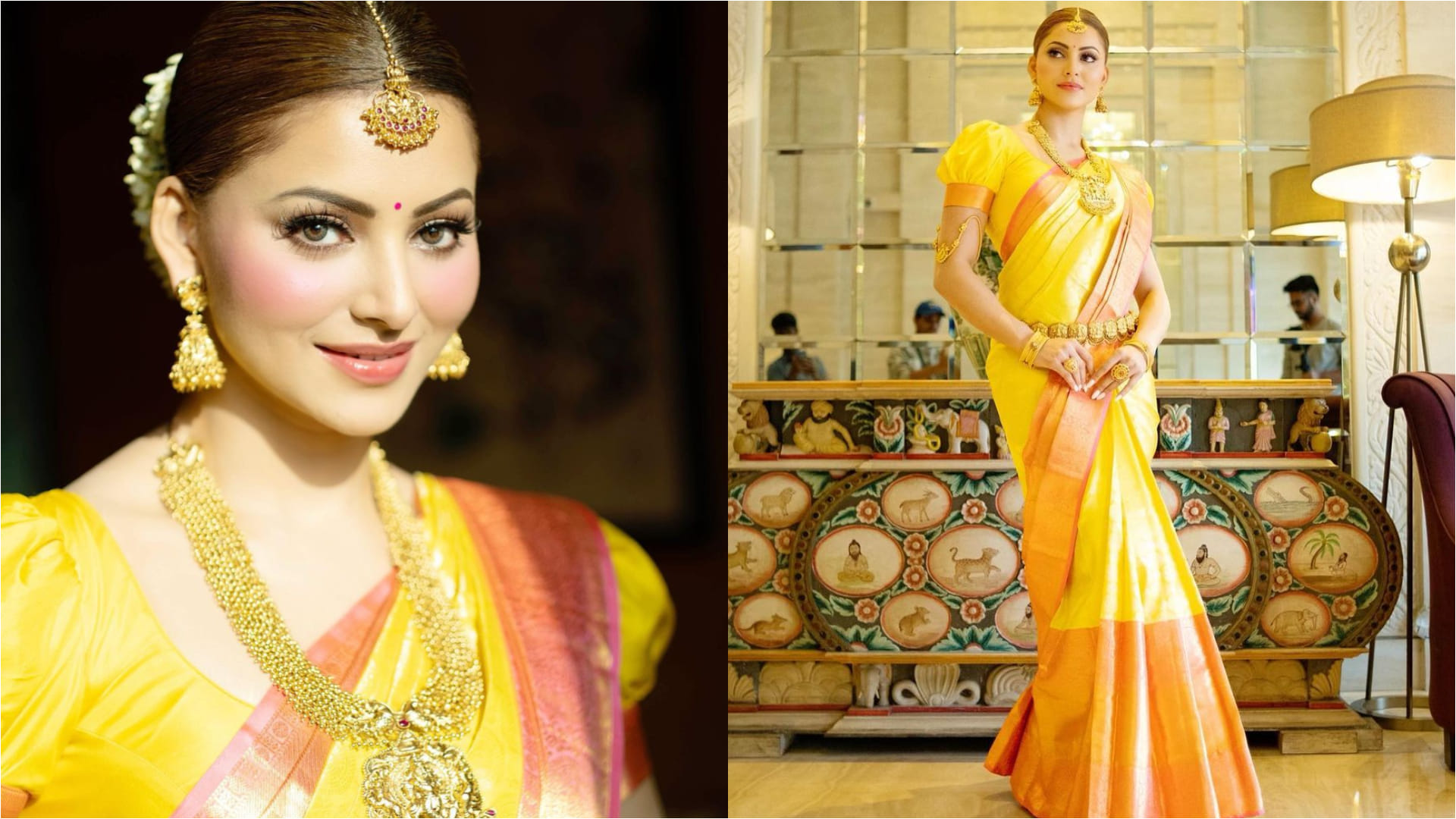 urvashi rautela yellow kanjivaram saree gold jewellery traditional look for movie trailer launch