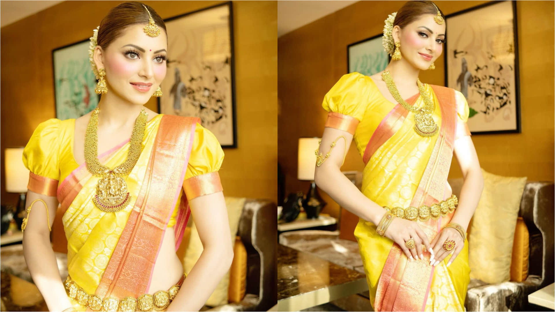 urvashi rautela yellow kanjivaram saree gold jewellery traditional look for movie trailer launch