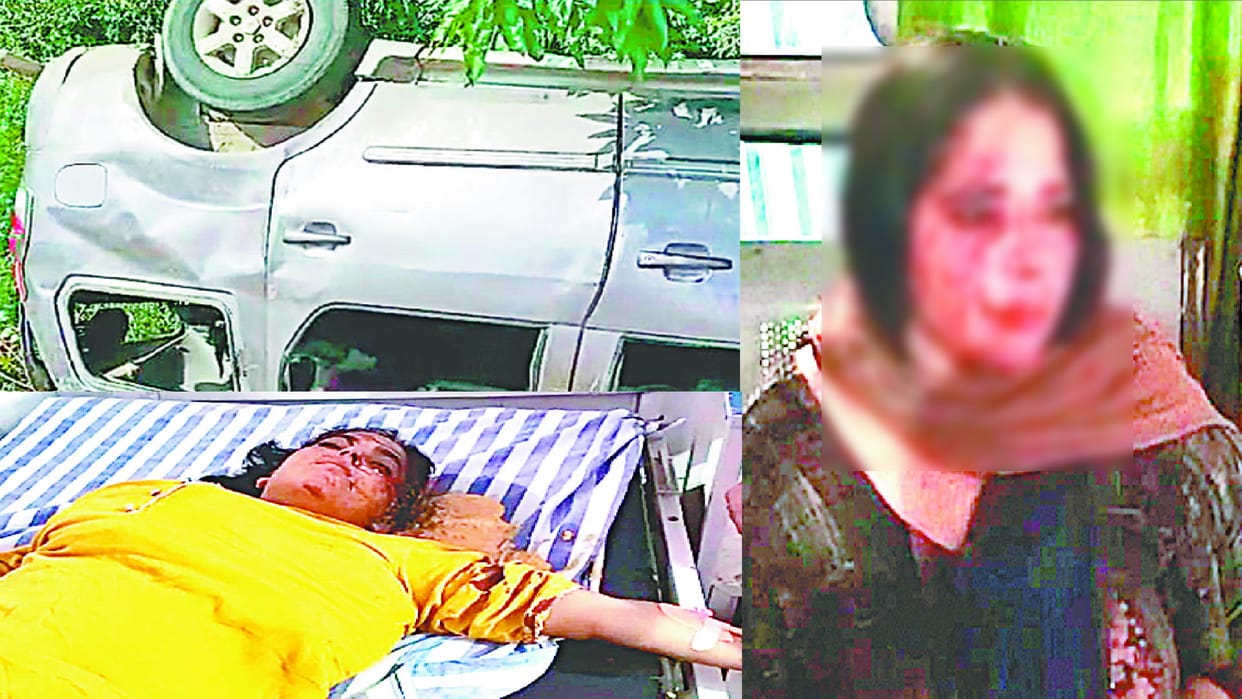SUV car overturned after tire burst on Khirwa Road  in Meerut, injuring 13 people including children