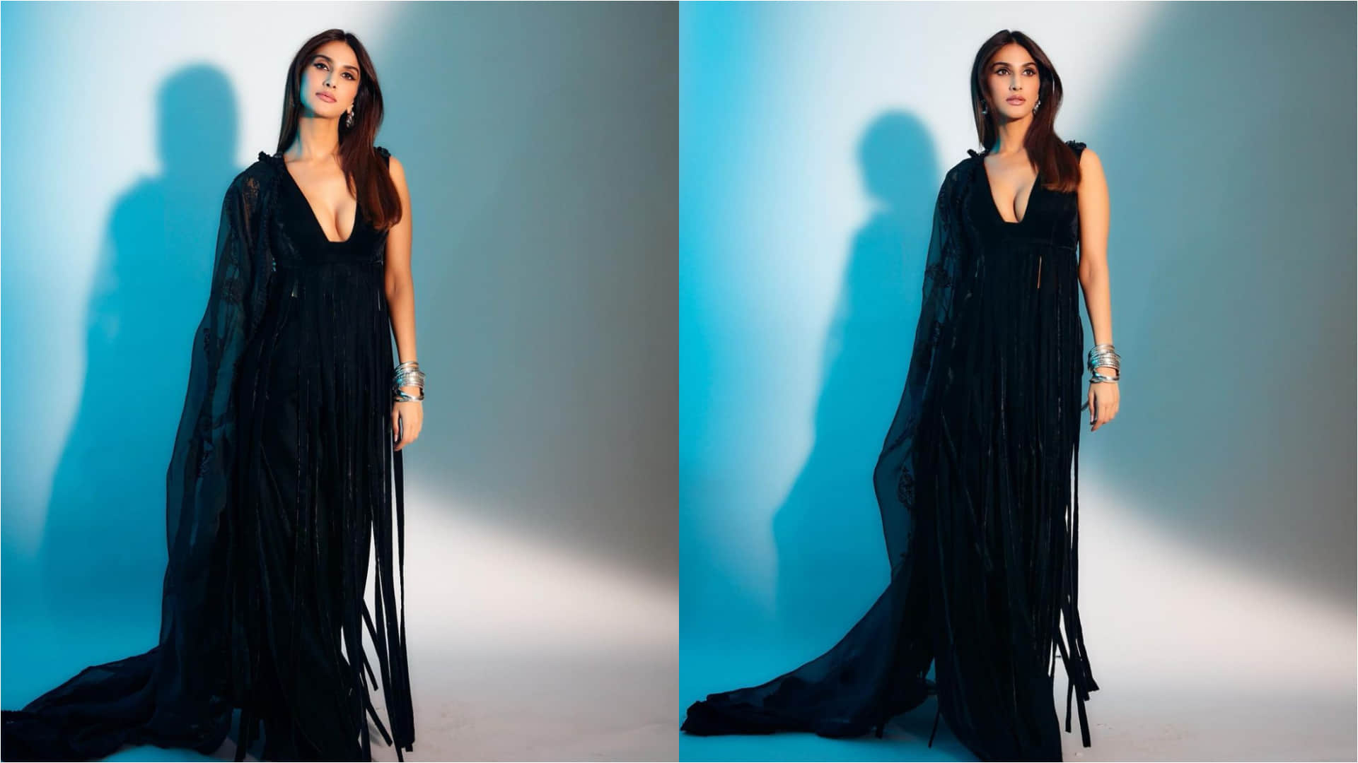 vaani kapoor deep plunging neckline black dress for shamshera promotion
