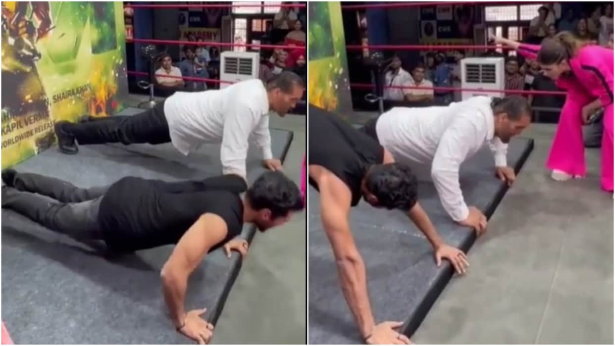 Rashtra Kavach Om actor Aditya Roy Kapoor take pushup challenge with  the great khali , sanjana sanghi cheers for them