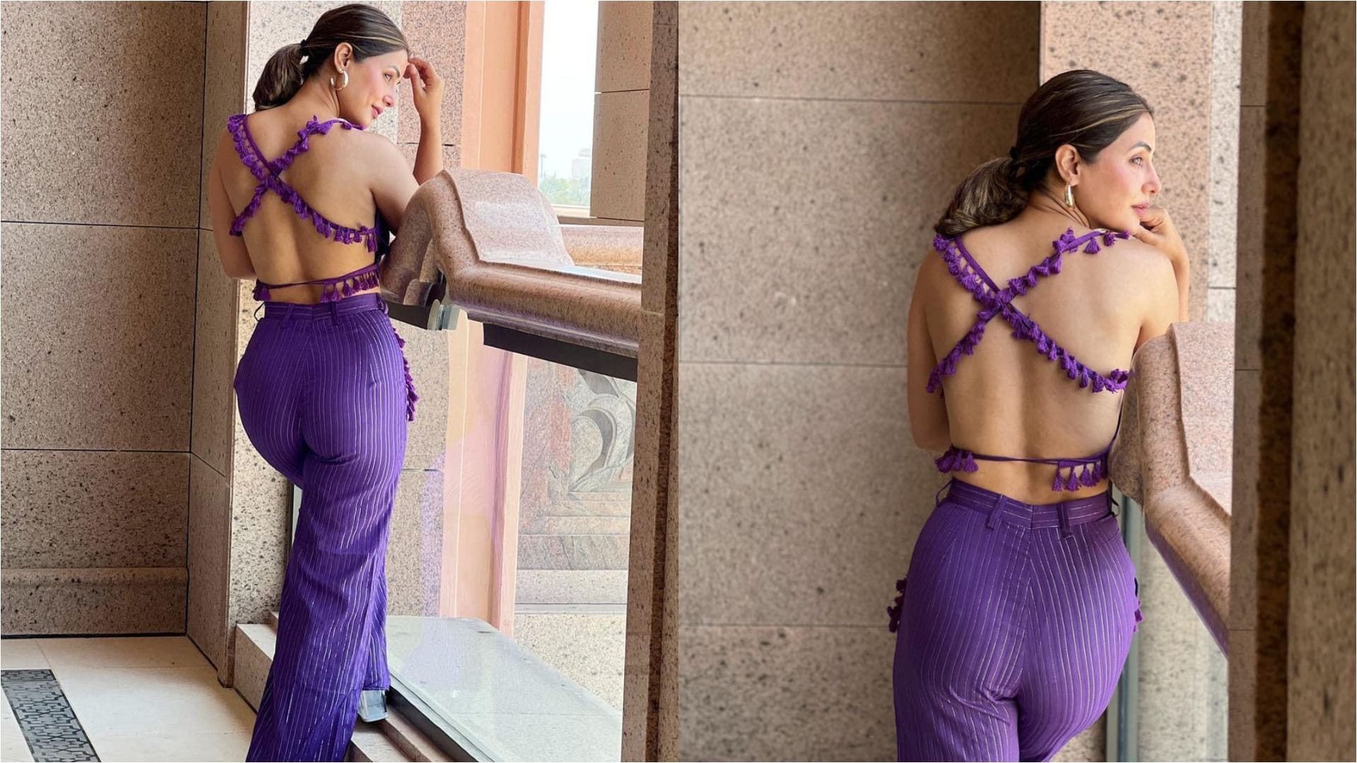 hina khan raises temperature high in backless purple crop top